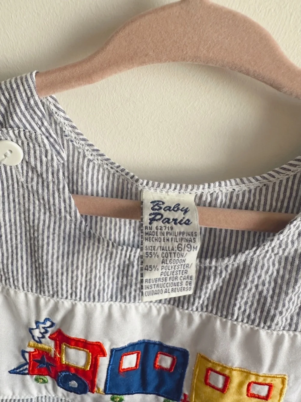 Vintage Baby Paris Seersucker Smocked Romper - Train Embroidery, 6-9 months